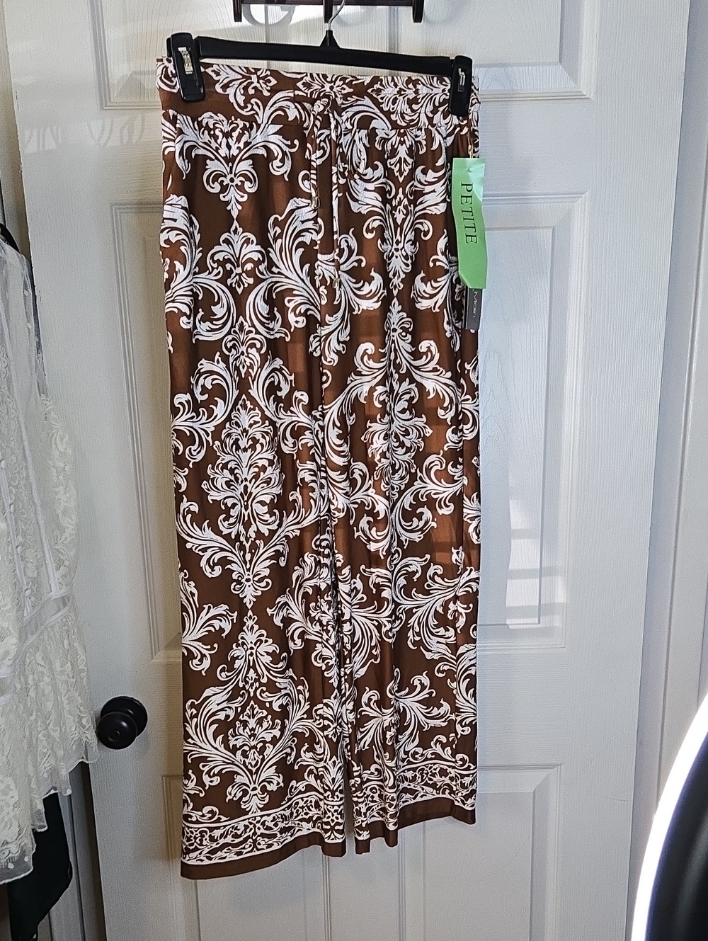 Petite Brown & White Damask Wide-Leg Pants